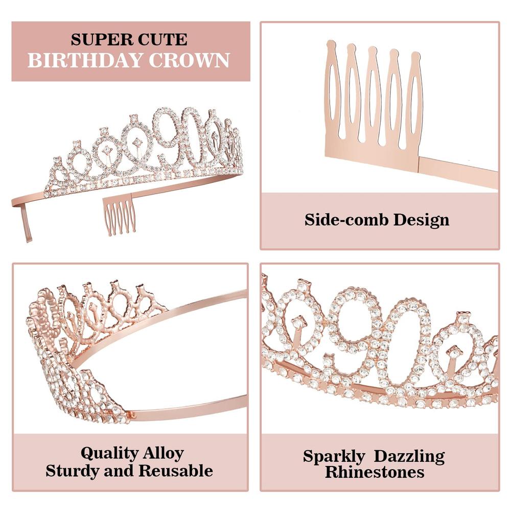 Juesly 90th Birthday Decorations Women, Including 90th Birthday Crown/Tiara, Sash, Cake Topper and Candles, Happy 90th Birthday Decorat