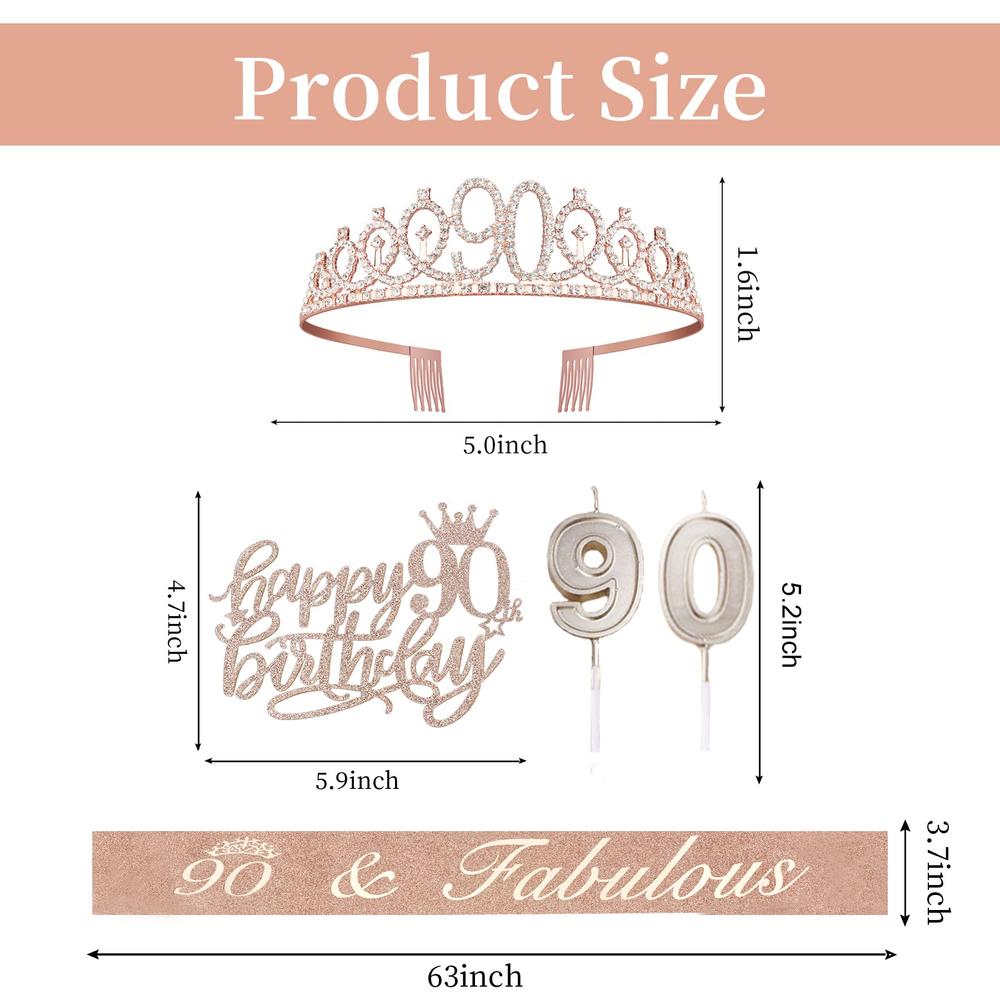 Juesly 90th Birthday Decorations Women, Including 90th Birthday Crown/Tiara, Sash, Cake Topper and Candles, Happy 90th Birthday Decorat