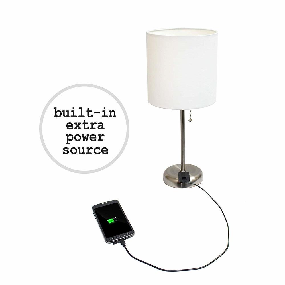 Limelights Stick Lamp with Charging Outlet and Fabric Shade Contemporary/Brushed Steel/White