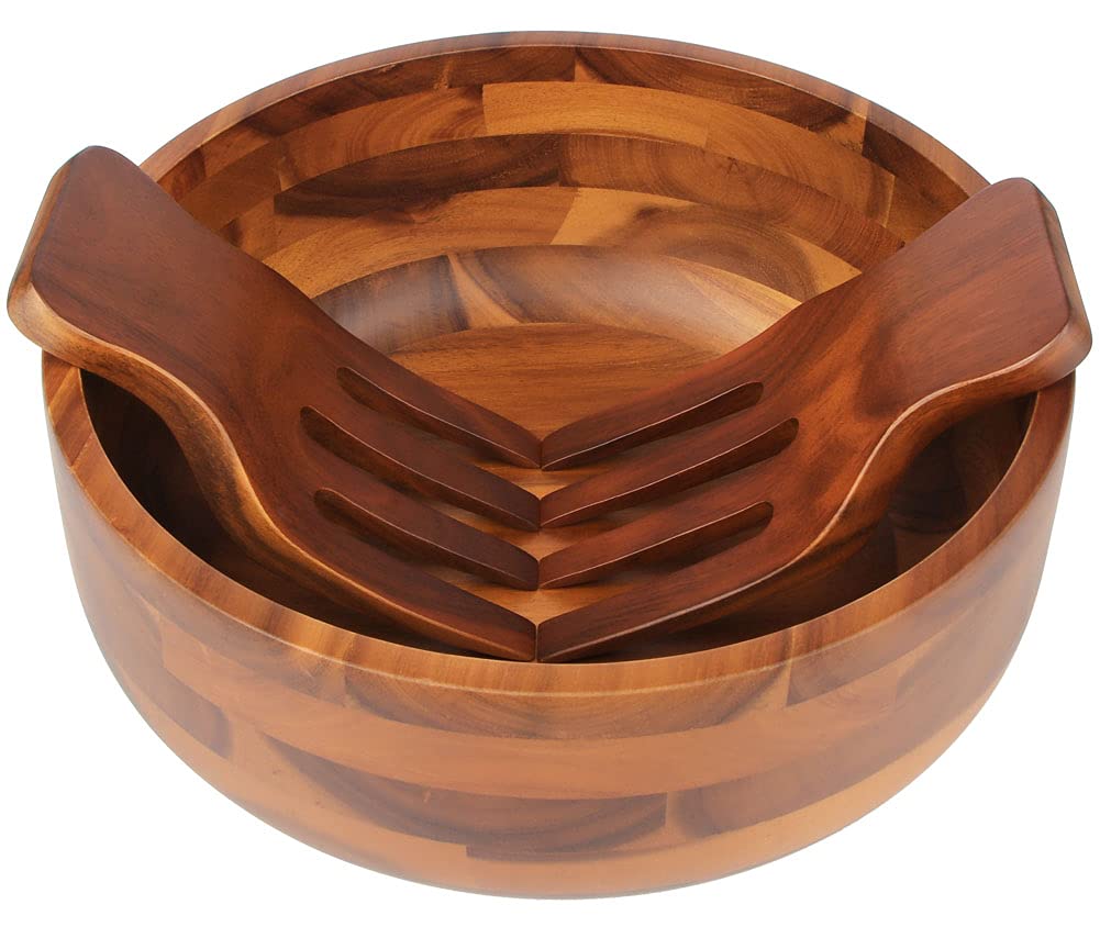 AIDEA Acacia Wood Salad Bowl Set with 2 Wooden Hands, Large Salad Bowl with Serving Utensils, Big Mixing Bowl for Fruits, Salad,