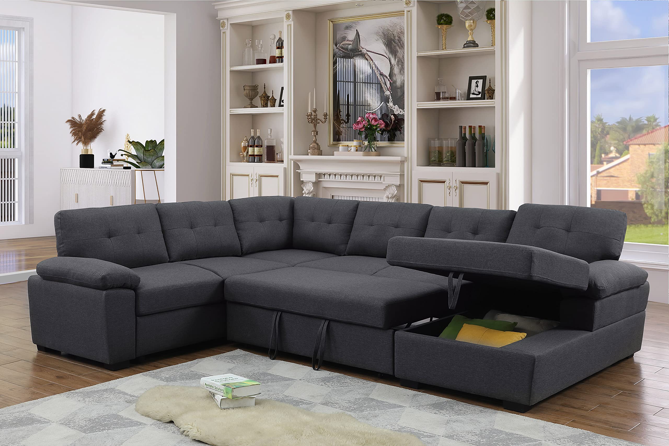 Alexent 5-Seat Modern Fabric Sleeper Sectional Sofa Bed with Pull-Out Bed with Storage Chaise Lounge in Dark Gray Color for Spac