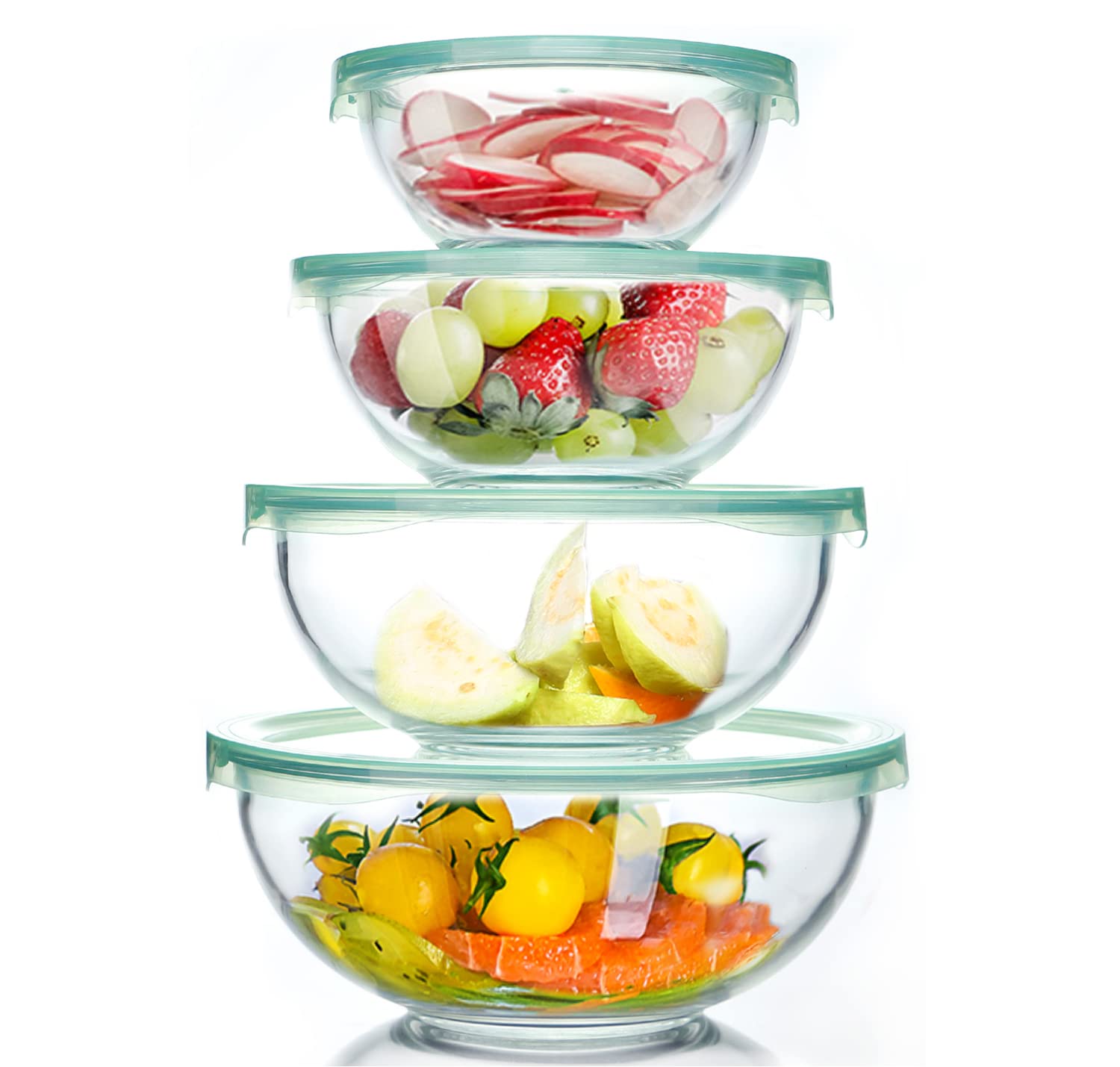 Luvan Glass Mixing Bowl with Airtight Lids, (1QT, 1.5QT, 2.5QT, 3.7QT),  8-piece Kitchen Salad Bowls Clear Nesting Big Cooking Bo