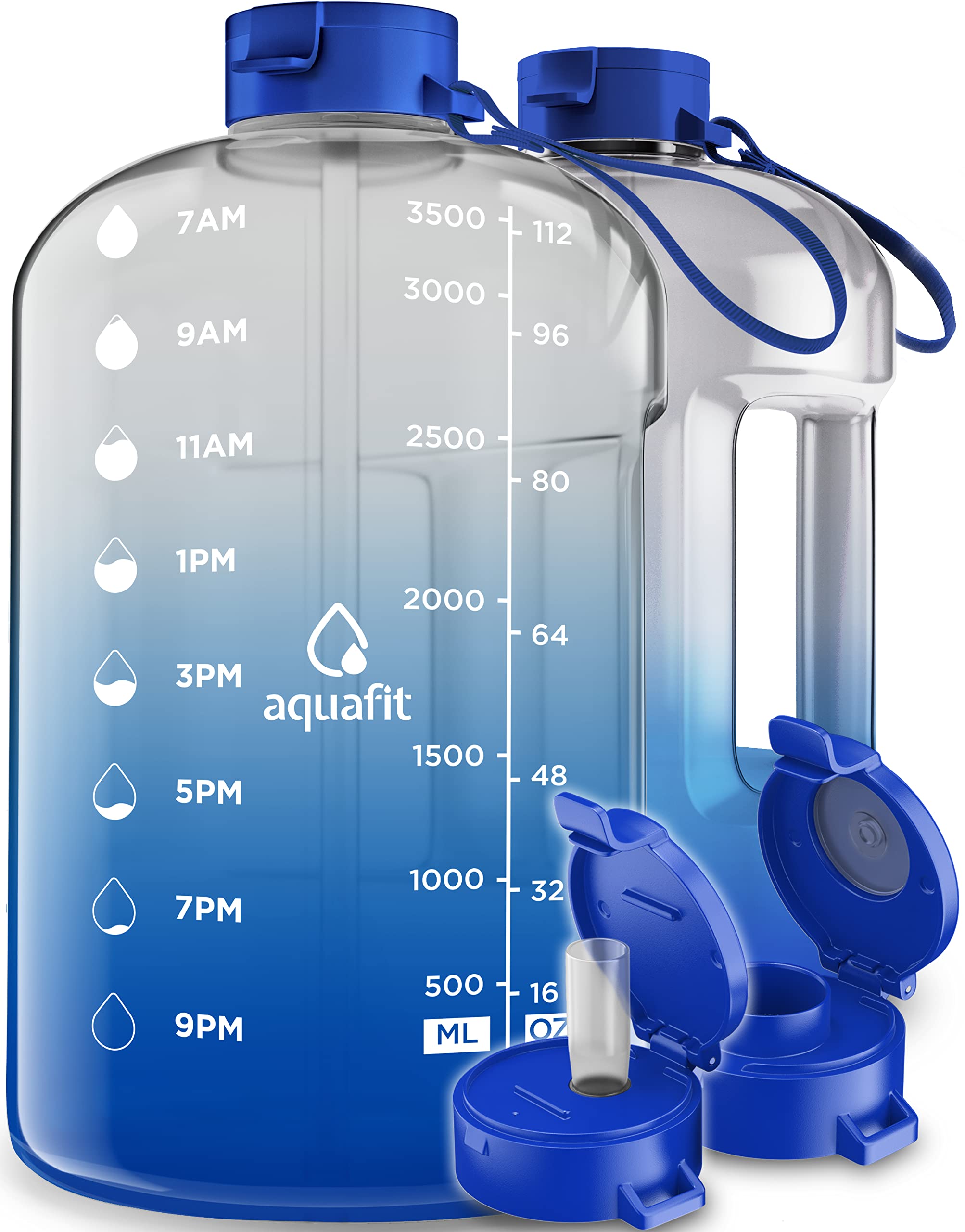 AQUAFIT 1 Gallon Water Bottle With Time Marker - 128 oz Water Bottle With Straw - Gym Water Bottle With Strap, Big Water Bottle