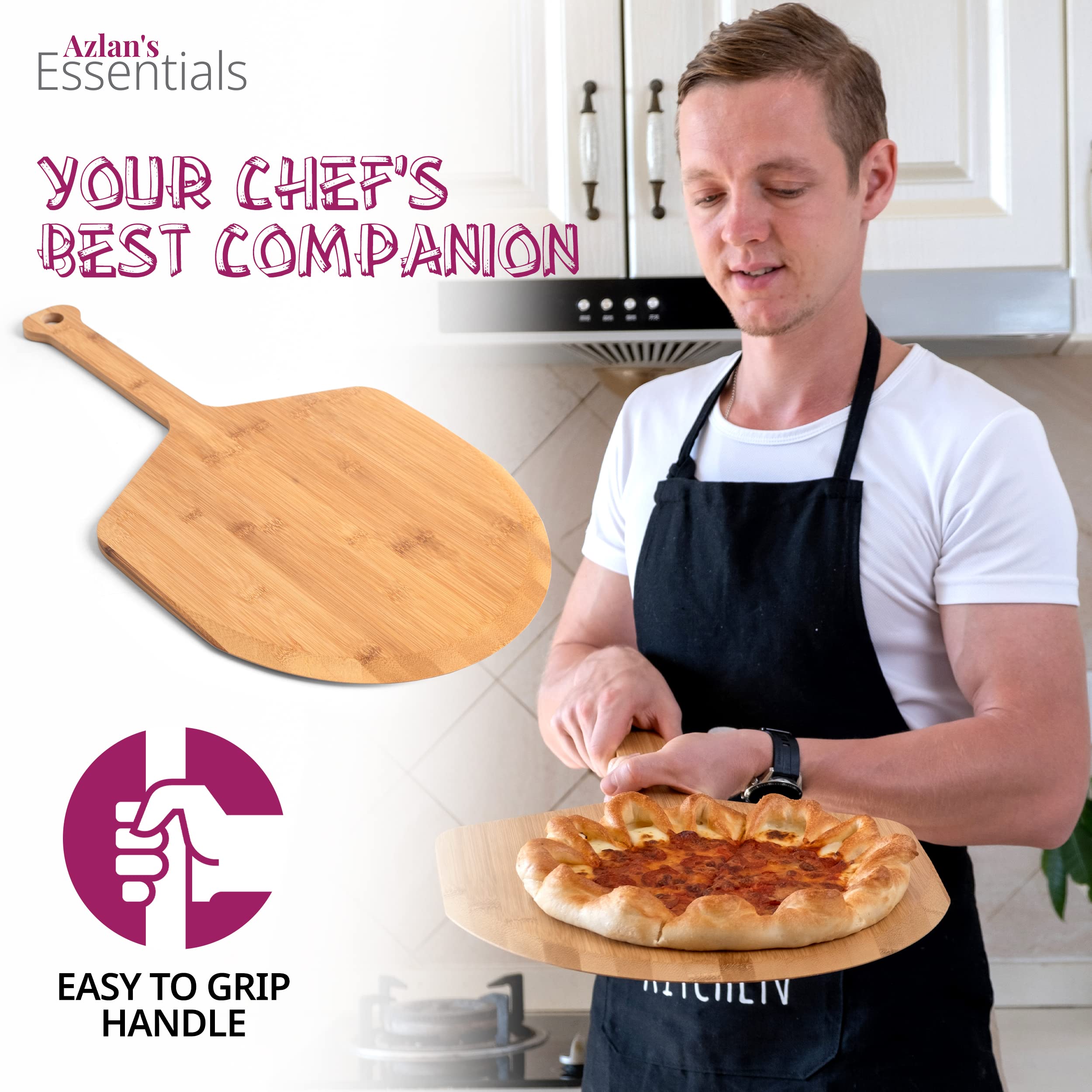 Azlan\'s Essentials Azlan's Essentials Wood Pizza Peel 16 Inch - Sustainably Sourced Wooden Bamboo Pizza Paddle with Ergonomic Handle For Baking Hom