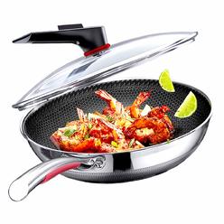megoo 12.6 inch nonstick stainless steel wok pan with lid(pfa,pfoa free),honeycomb non stick wok and stir fry pan for gas coo