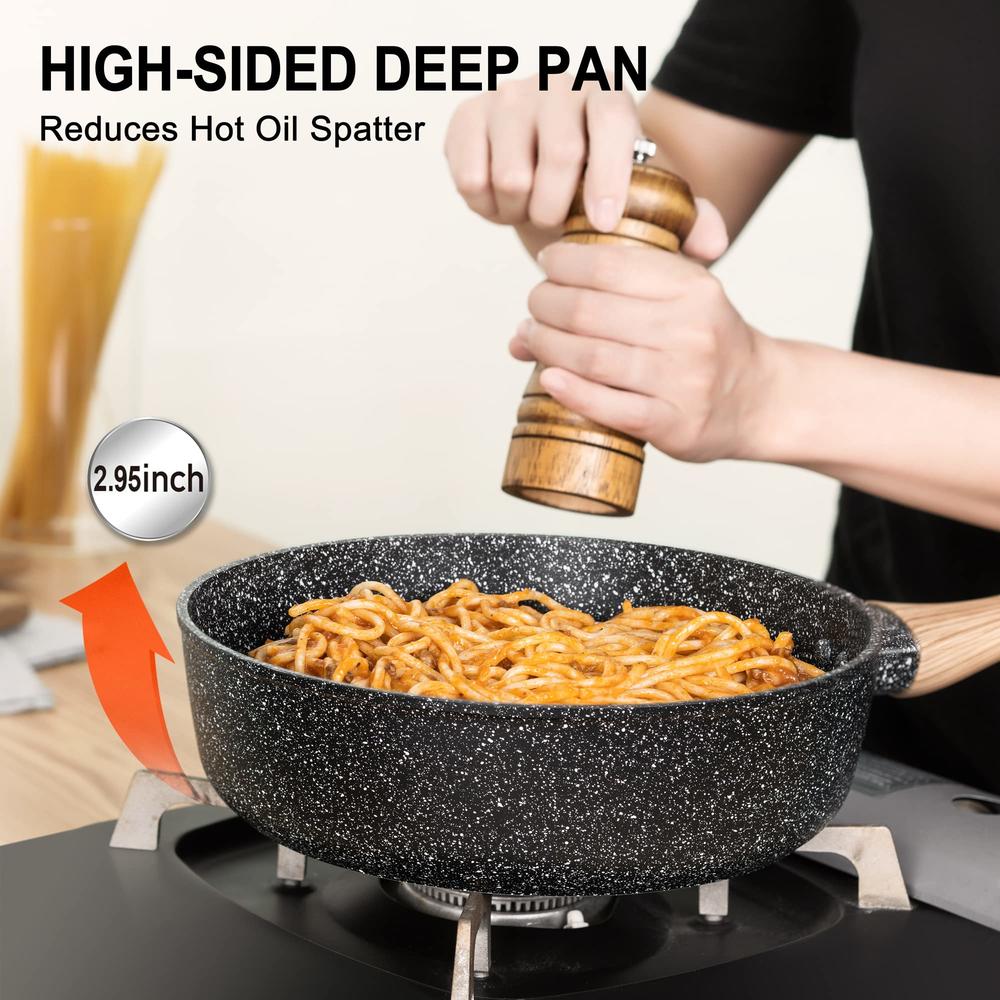 MICHELANGELO Saute Pan with Lid, 11 Inch Deep Frying Pans Nonstick with Lid, Nonstick Frying Pan with Granite Coating and Comfor