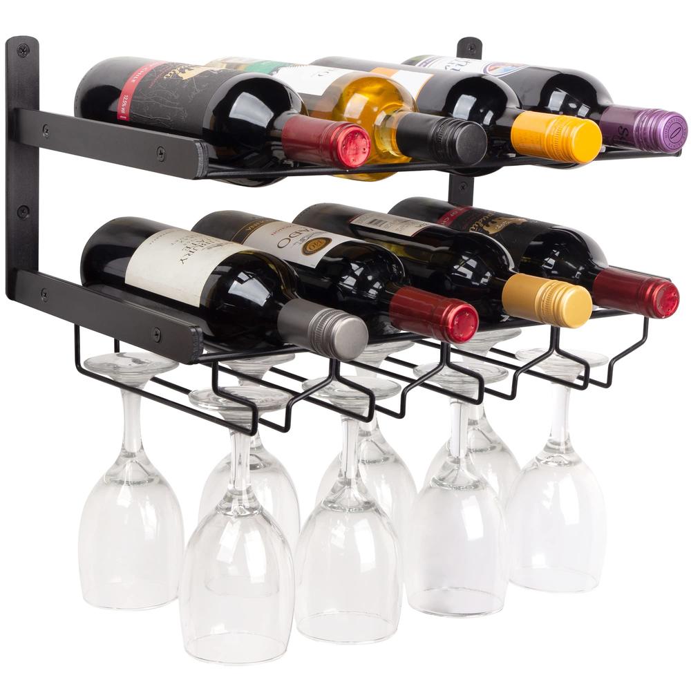 Mildenhall Industrial Wine Rack Wall Mounted with Wine Glass Rack Horizontal Wine Bottle Glass Holder - Holds 8 x Glasses and 8 