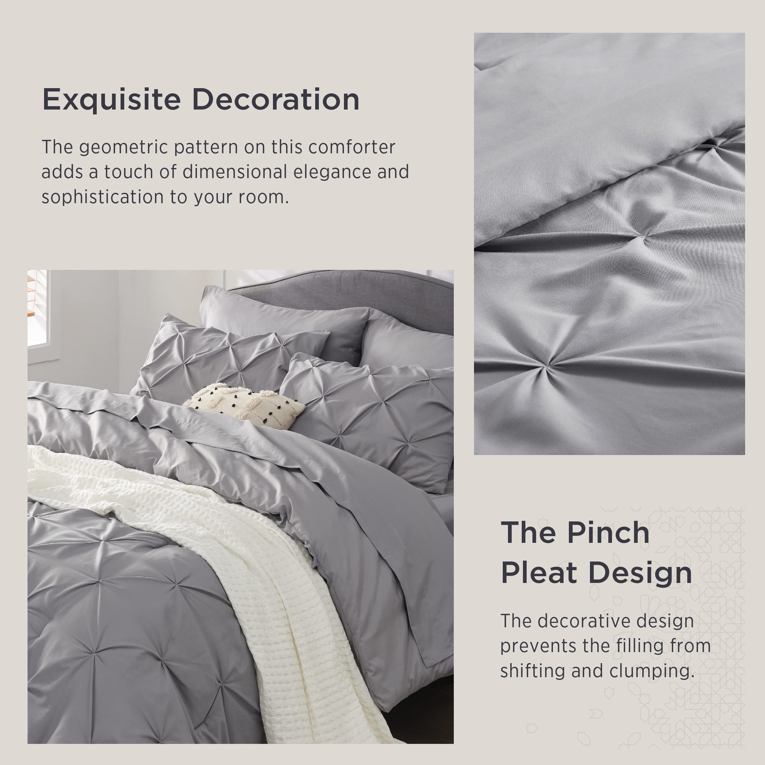 Bedsure King Size Comforter Set - Bedding Set King 7 Pieces, Pintuck Bed in a Bag Grey Bed Set with Comforter, Sheets, Pillowcas