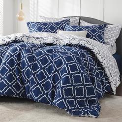 Bedsure Queen Comforter Set 7 Pieces - Navy Blue Quatrefoil Comforters Queen Size, Lightweight Bedding Sets for All Season, Bed 