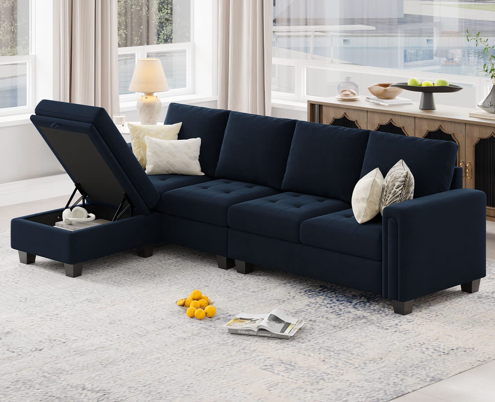 Belffin Velvet Reversible Sectional Sofa with Chasie Convertible Sectional Couch with Storage Ottoman L Shaped 4-seat Sectional 