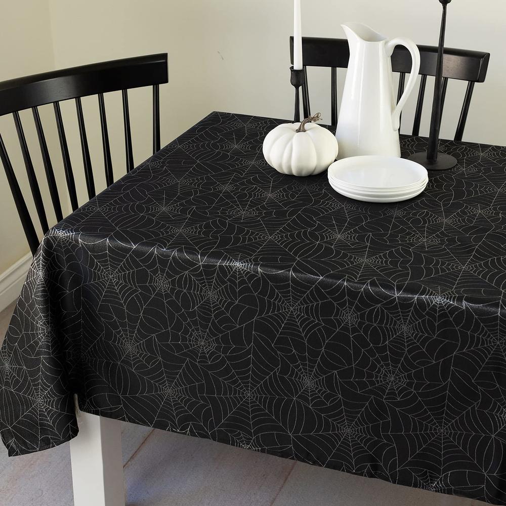 Benson Mills Halloween Twinkle Spider Web Metallic Fabric Table Cloth, Easy Care Tablecloth for Dinners & Parties (Black, 60" X 
