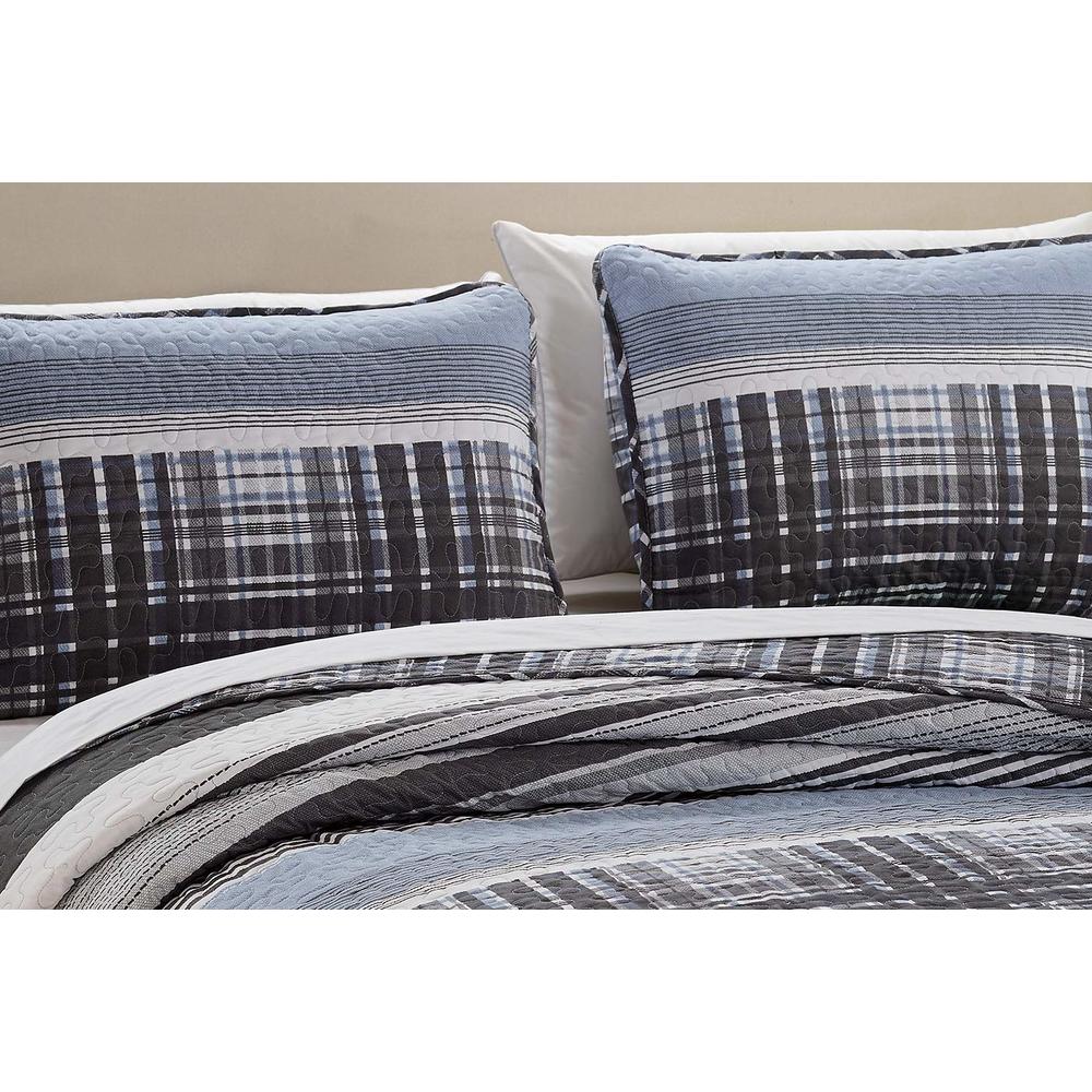 Better Home Style Luxury Lush Soft 3 Piece Charcoal Grey Blue White Plaid Striped Stripes Modern Design Printed Reversible Quilt