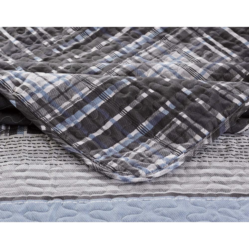 Better Home Style Luxury Lush Soft 3 Piece Charcoal Grey Blue White Plaid Striped Stripes Modern Design Printed Reversible Quilt
