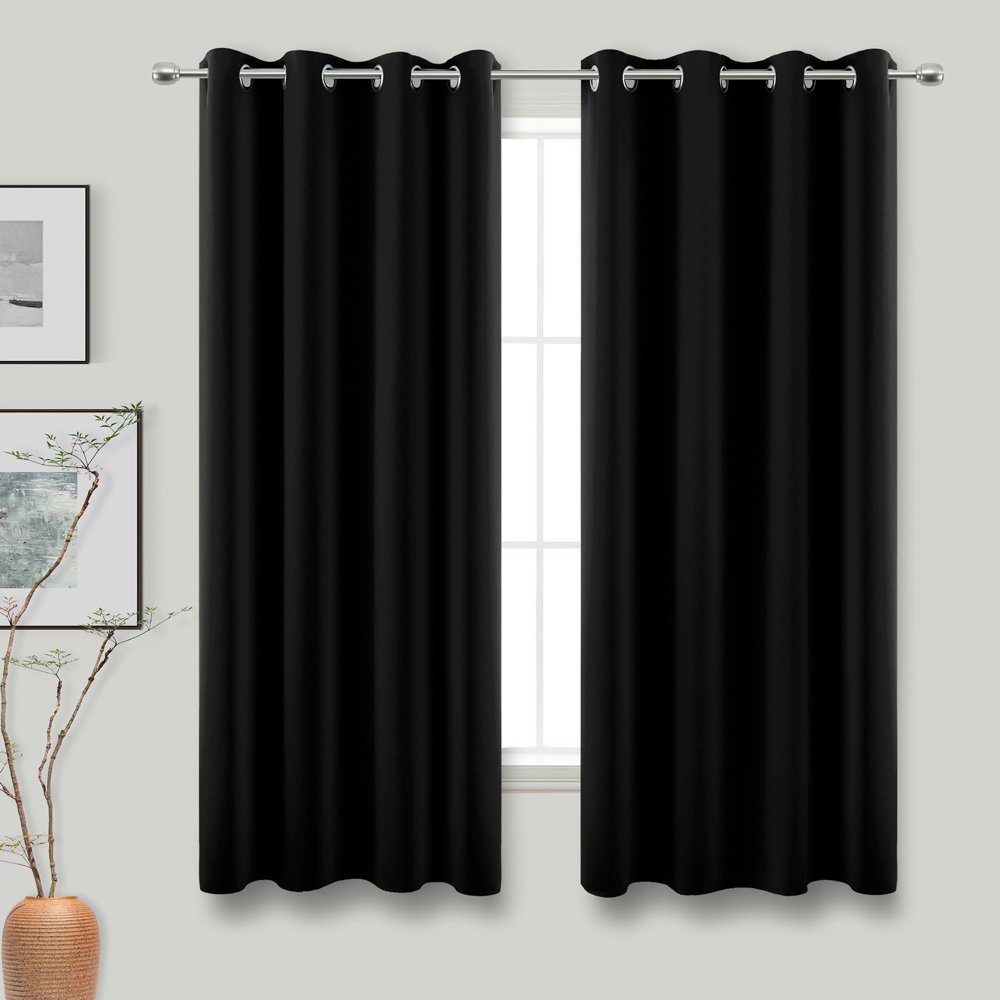 KOUFALL Black Blackout Curtains 63 Inch Length for Bedroom,Thermal Insulated Winter Thick Grommet 2 Panels Ring Blocking Light Dimming P