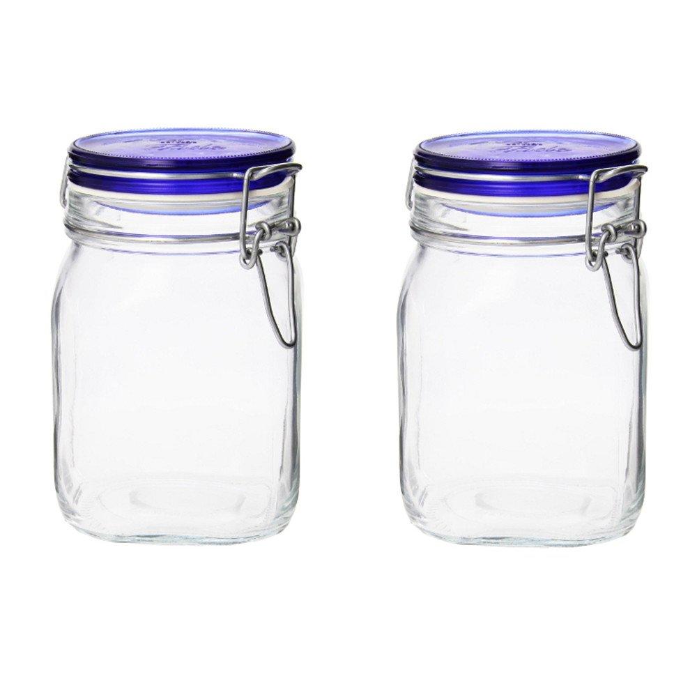 Bormioli Rocco Fido Collection, 2 Pack, 33¾ Oz. Food Storage Glass Jars, Airtight Rubber Seal & Glass Lid, With Stainless Wire C