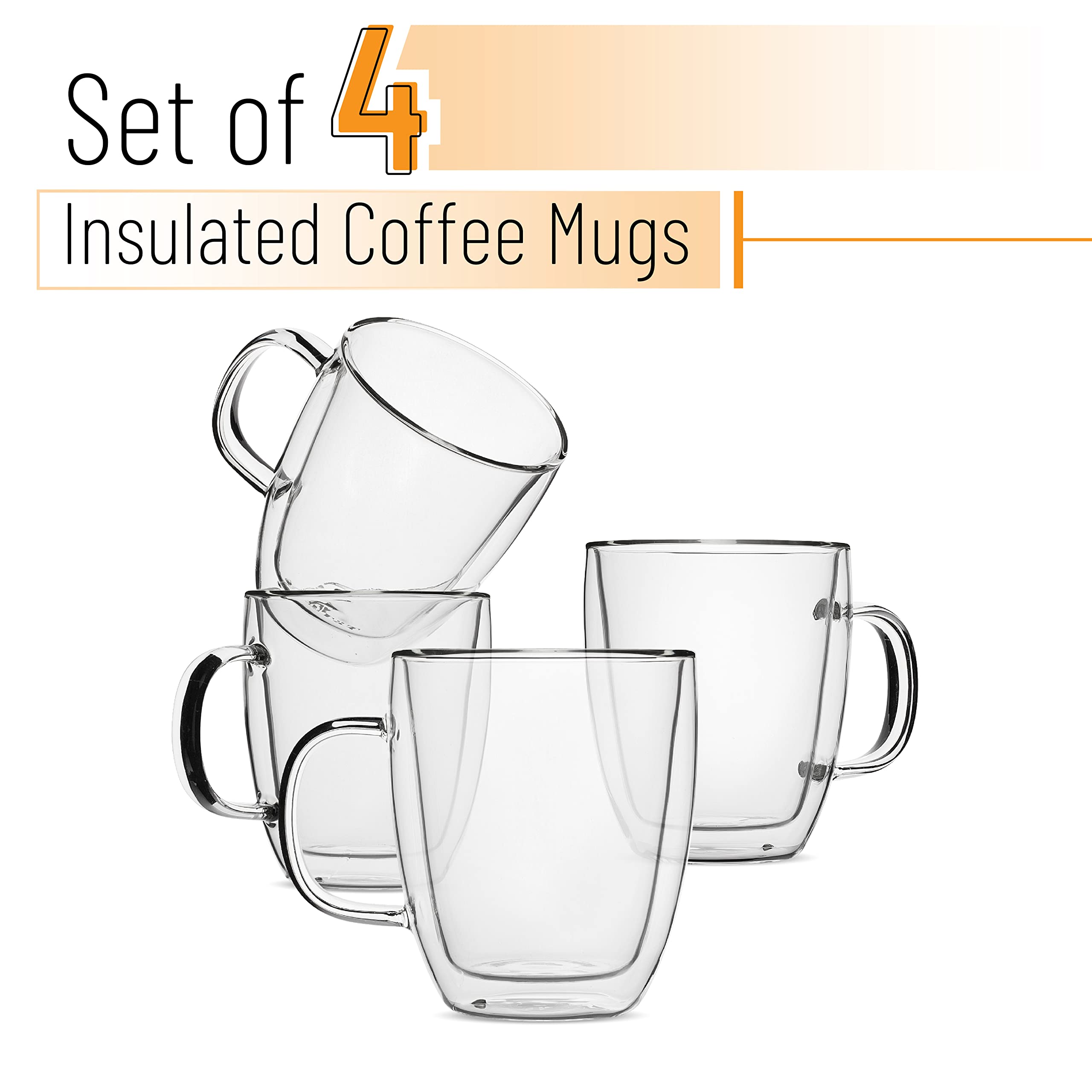 Brew To A Tea - Insulated Coffee Mug, Coffee Glass, Large, Set of 4 (16oz, 500ml), Double Wall Glass Coffee Cups, Tea Cups, Latt