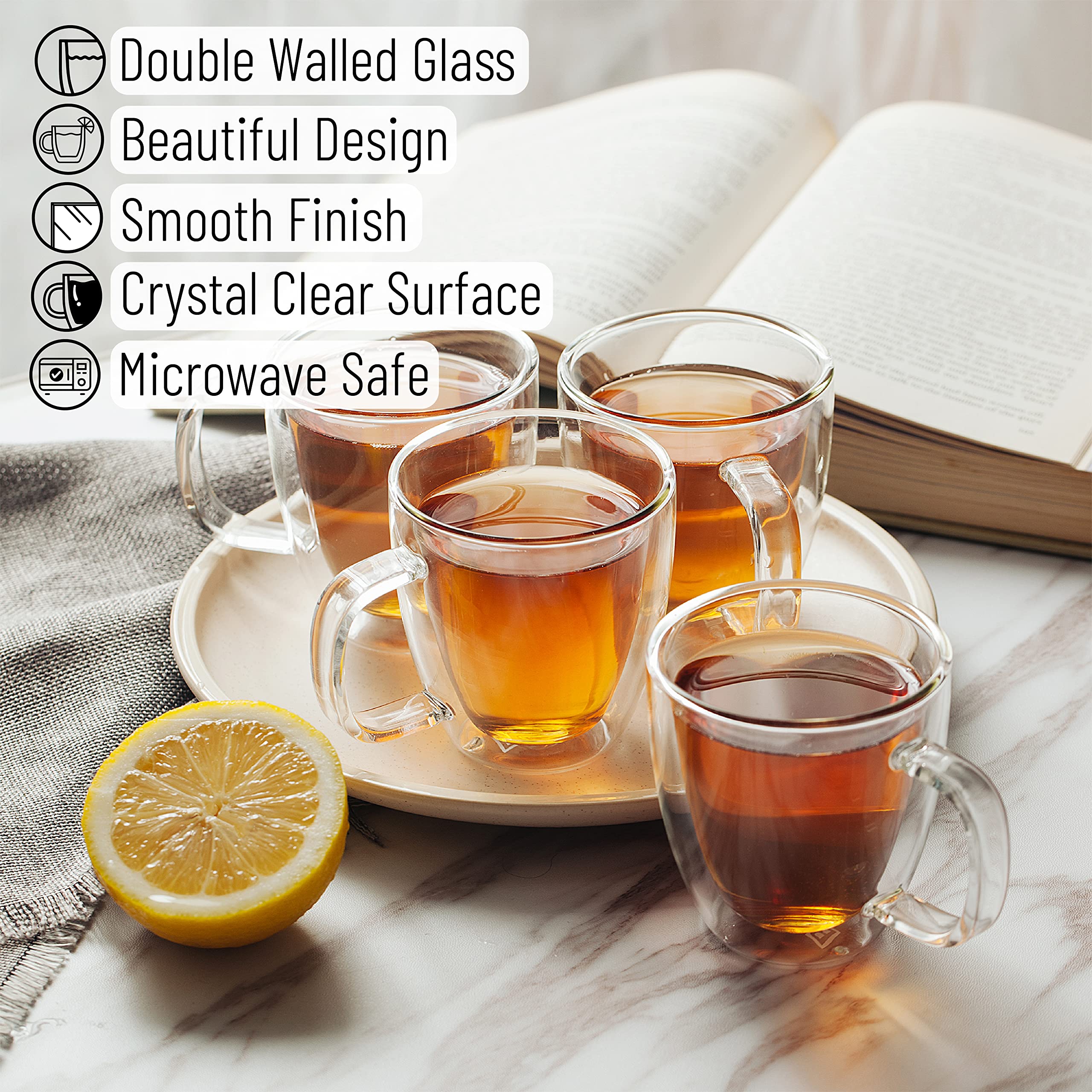 Brew To A Tea - Insulated Coffee Mug, Coffee Glass, Large, Set of 4 (16oz, 500ml), Double Wall Glass Coffee Cups, Tea Cups, Latt