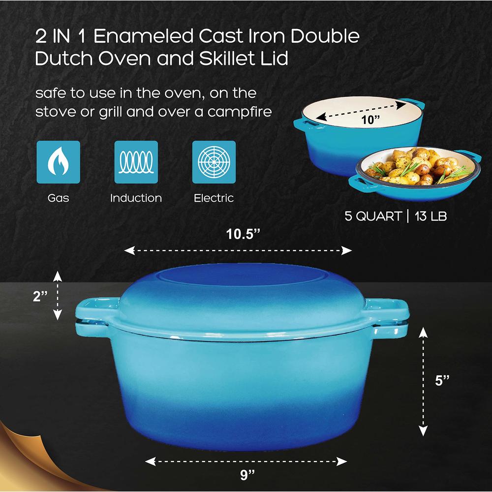 Bruntmor 2-in-1, 5 Quart Enamel Cast Iron Dutch Oven With Handles, 5 Qt Caribbean Cast Iron Skillet, Enamel All-in-One Cookware 
