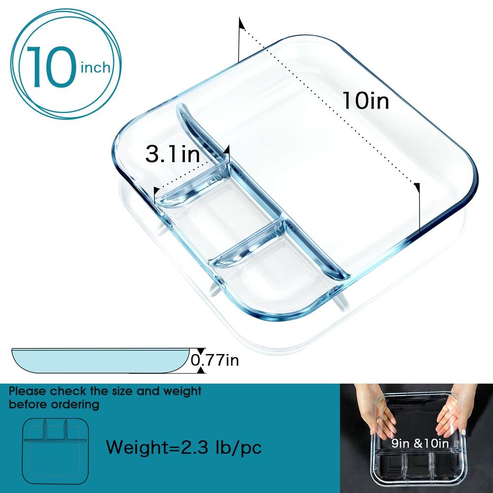 NUTRIUPS Glass Divided Plate Quadrate Glass Compartment Plate Glass Sectional Plate Glass Plate with Dividers, 10 In