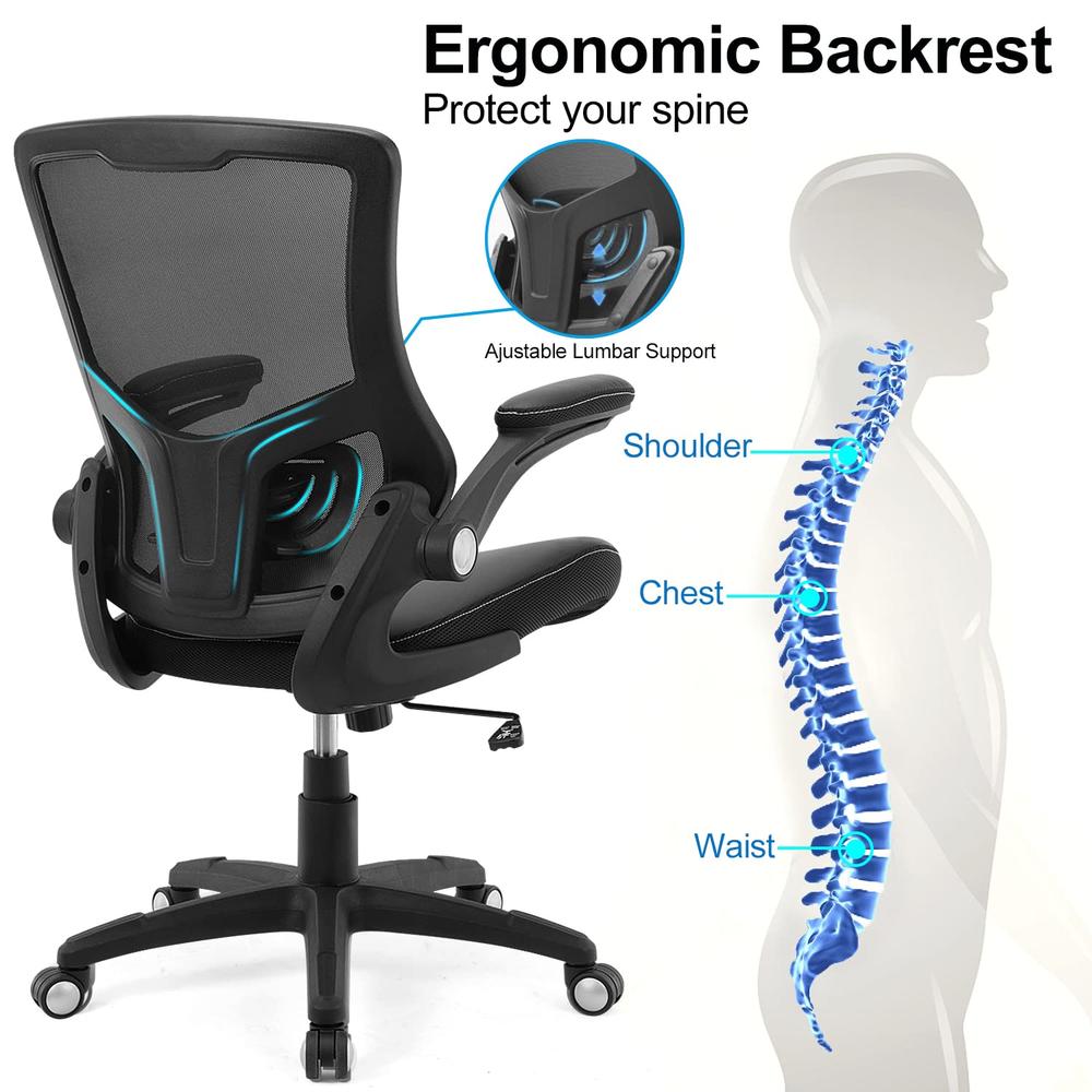 X XISHE Office Chair Ergonomic Desk Chair, Computer PU Leather Home Office Chair, Swivel Mesh Back Adjustable Lumbar Support Flip-up Arm