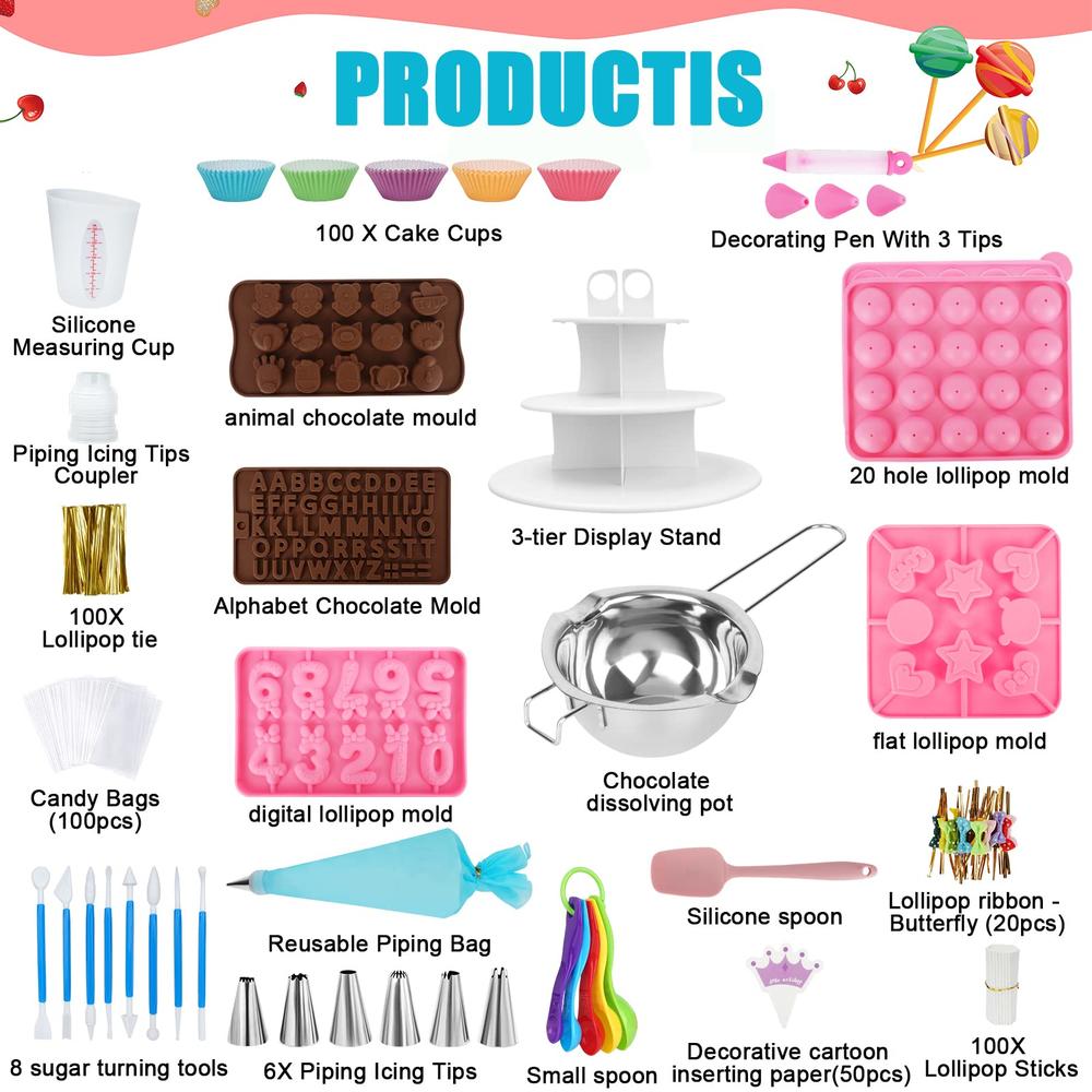 Ranchitel Cake Pop Maker Kit 618Pcs with 5 Silicone Mold Sets - 3 Tier Display Stand, Chocolate Candy Melting Pot,Piping Tips and Coupler,