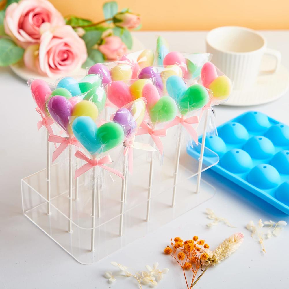 Kucoele Cake Pop Maker Set, 15 Hole Clear Acrylic Lollipop Display Stand Holder with 12 Cavity Silicone Cake Pop Mold, 50 Pcs Sticks Tre