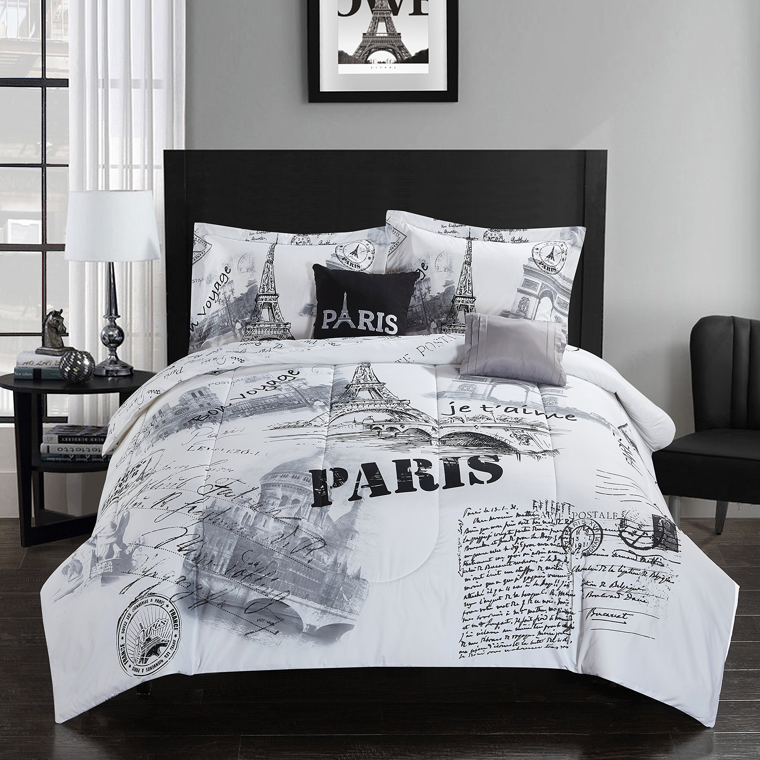 Casa J'Adore Paris 5 Piece Comforter Set, Full/Queen, Black and White