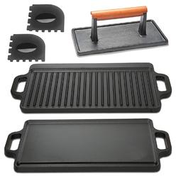 HeroFiber Cast Iron Griddle, Plus Cast Iron Grill Press & Grill Pan Scrapers - Reversible Grill/Griddle, Griddle Pan for Stove top, Griddl
