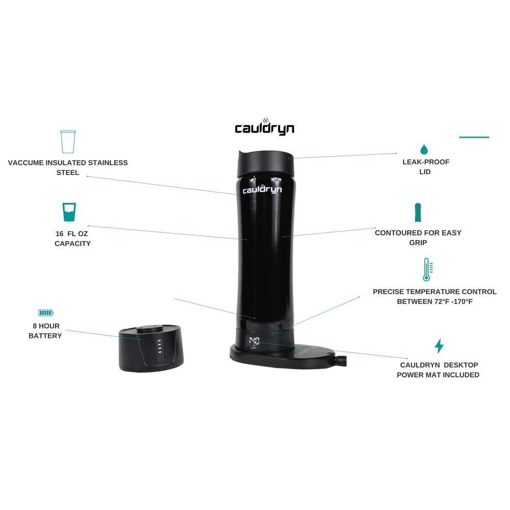 Cauldryn Coffee Temperature Control Travel Coffee Mug and Desktop Warmer, Smartphone via Bluetooth Control, Long Lasting Battery