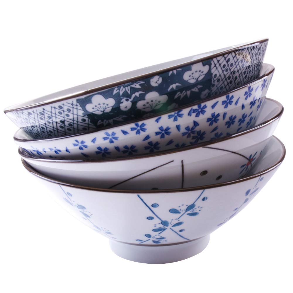 Cerficer Japanese Ramen Bowls, Large Soup Bowls, High Bowls, Noodle Bowls, Rice Bowls, 7.5 Inch Bowls(White and Blue)