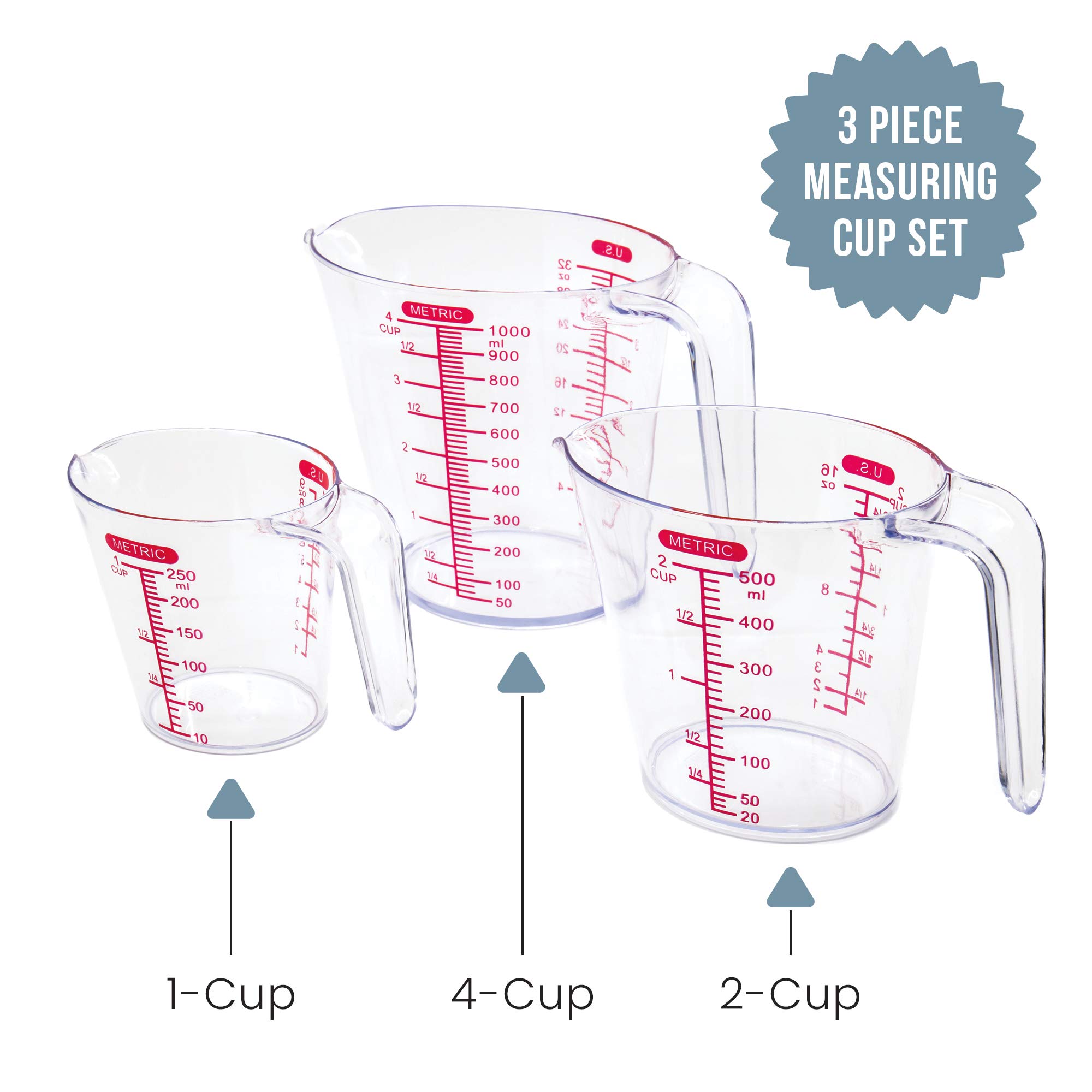 Chef Pomodoro 3-Piece Measuring Cups, Multiple Measurement Scales -  includes 1, 2 and 4 Cup with
