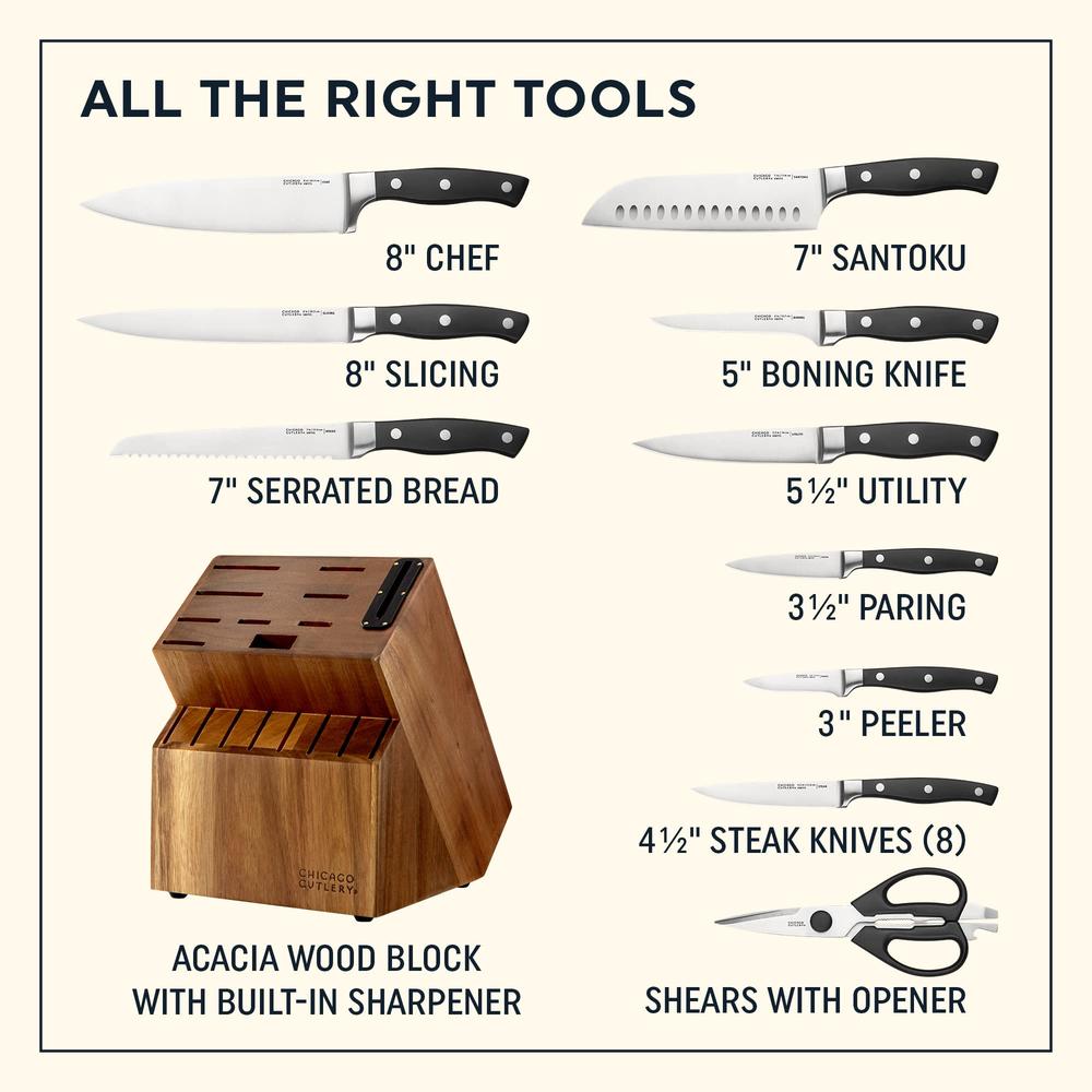 Corelle Chicago Cutlery Insignia Triple Rivet Poly (18-PC) Kitchen Knife Block Set With Wooden Block & Built-In Sharpener, Black Ergonom