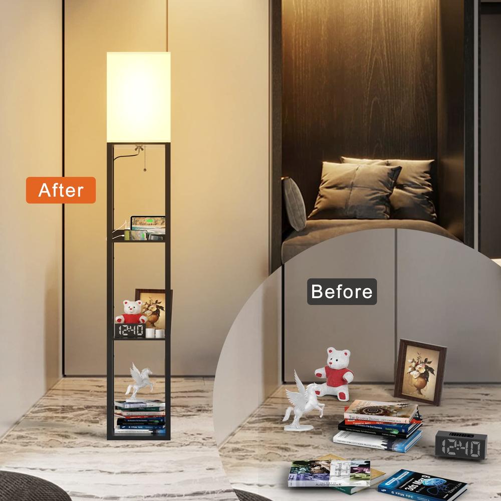PAZZO Floor Lamp with Shelves, Shelf Floor Lamps by Real Solid Wood with 2 Charging Ports and 1 Power Outlet, Floor Lamps for Be