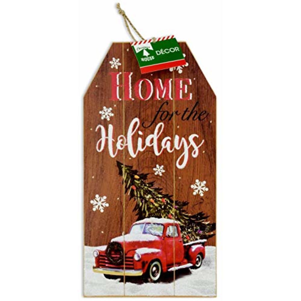 Christmas House Christmas Decor Glitter Sign Rustic Plank Gift Tag Sign with Pickup Truck and Tree for Walls or Door Decorations for Home School