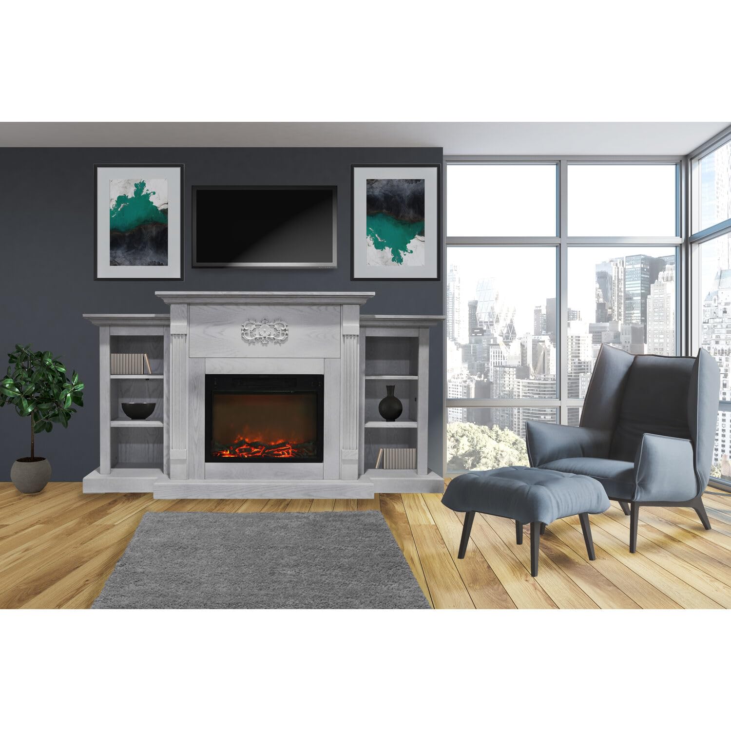 Hanover Classic 72 in. Electric Fireplace in White with Built-in Bookshelves and a 1500W Charred Log Insert