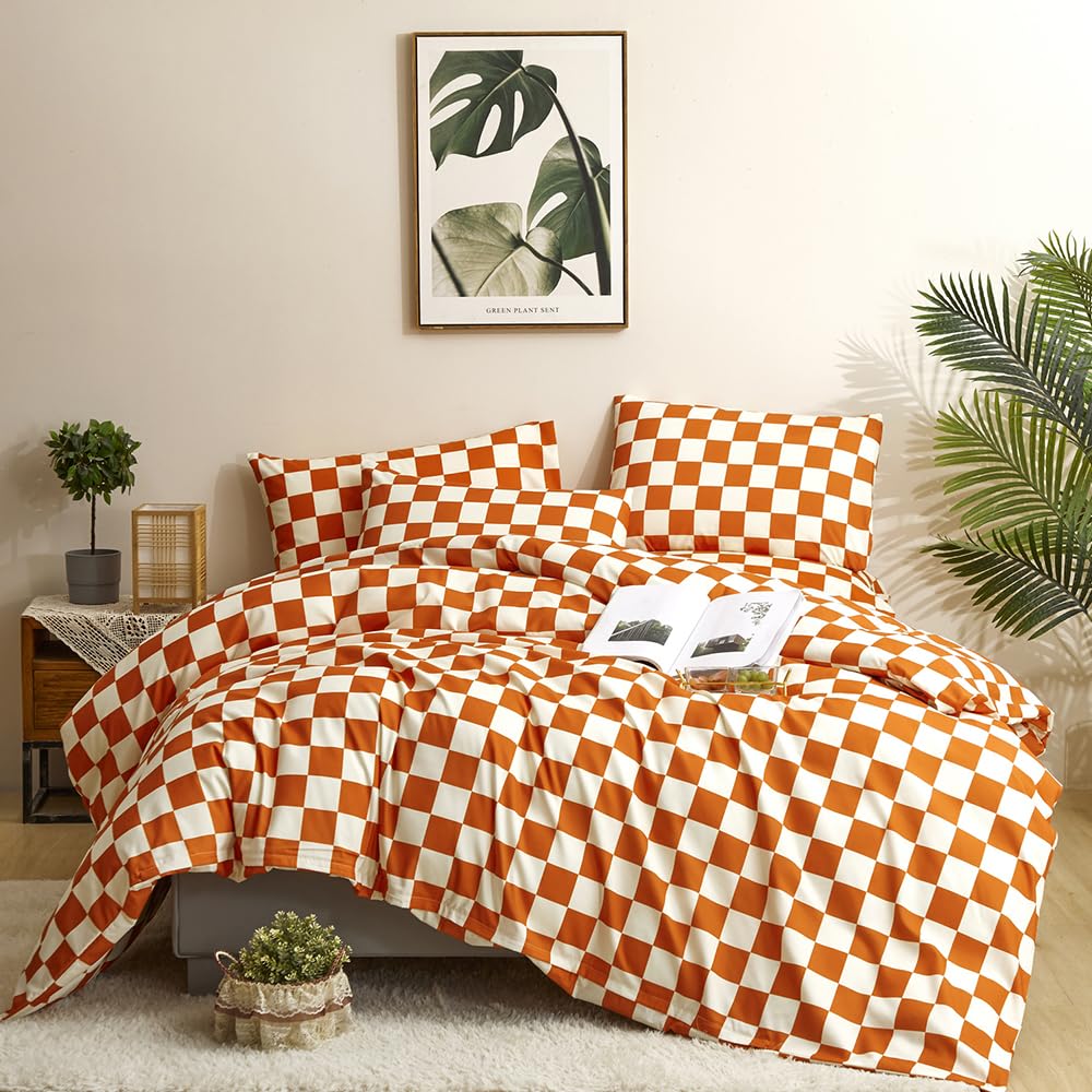 CLOTHKNOW Burnt Orange Gird Comforter Set King Rust Bedding Set Geometric Bedding Comforter Caramel Bedding Buffalo Check Comfor