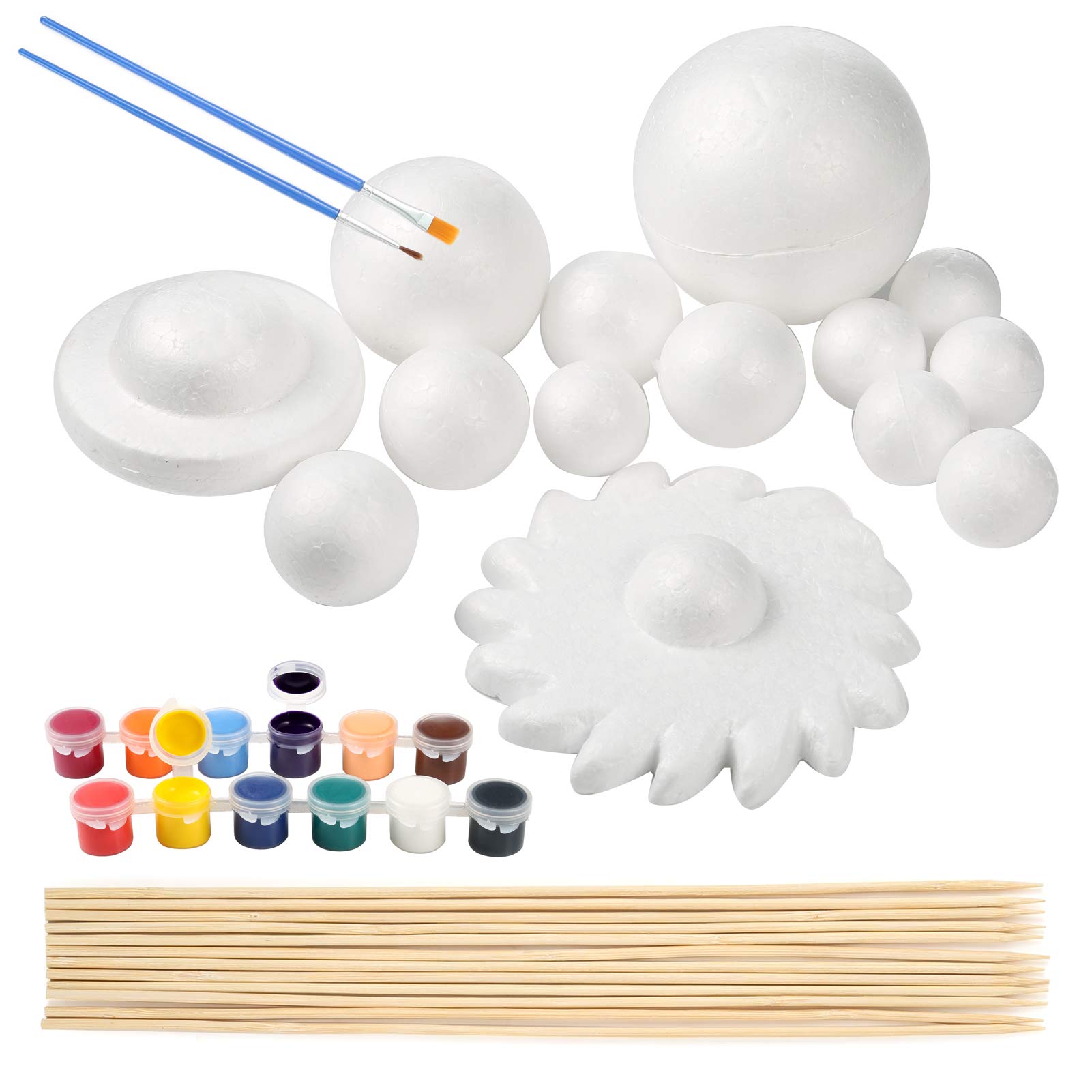Pllieay Solar System Model Foam Ball Kit Includes 14PCS Mixed Sized Polystyrene Spheres Balls, 12PCS Bamboo Sticks, 12 Color Pig
