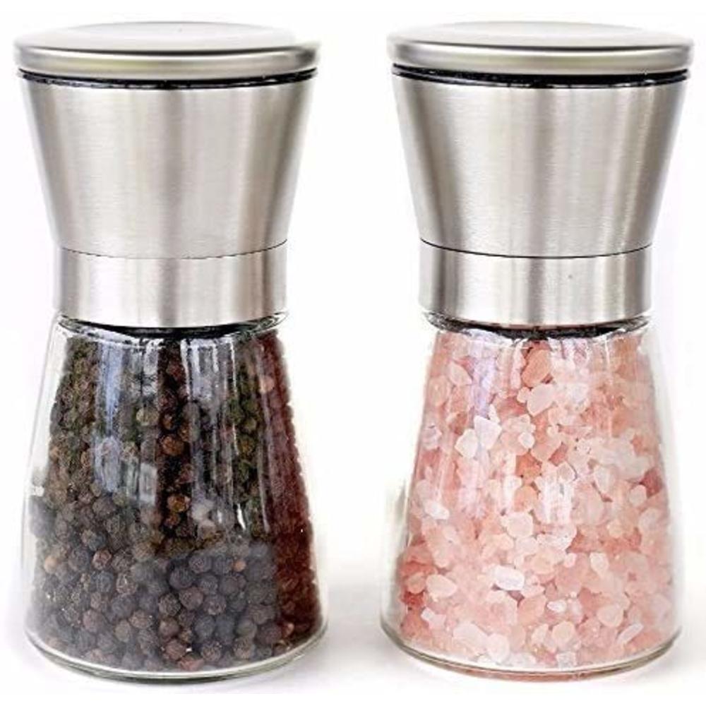 botu Premium Stainless Steel Salt and Pepper Grinder Set of 2 - Adjustable Ceramic Sea Salt Grinder & Pepper Grinder - Tall Glass Sal