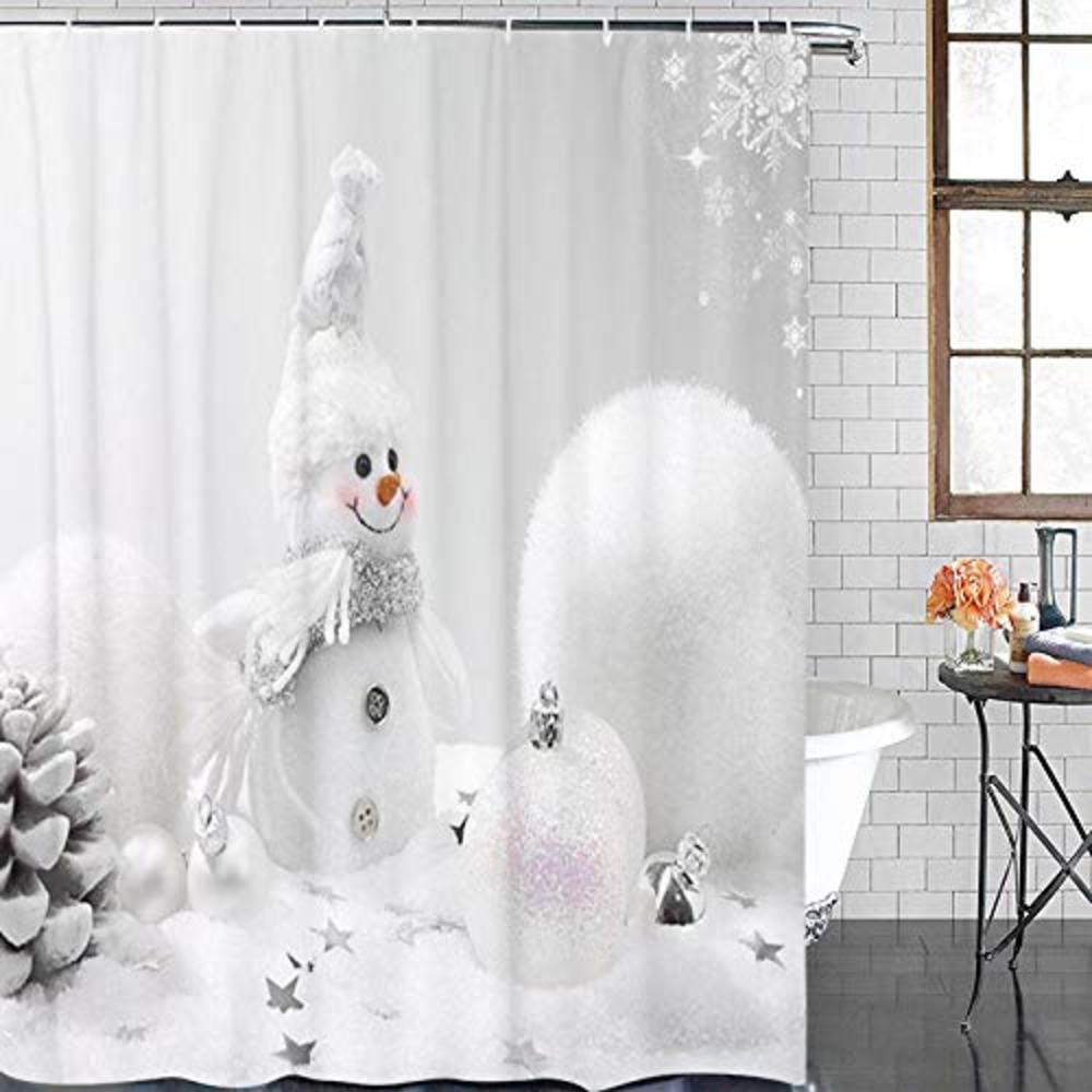 Prime Leader Snowman Christmas Shower Curtain, White Snowman and White Christmas Ball Decoration in The Snow, Fabric Bathroom De