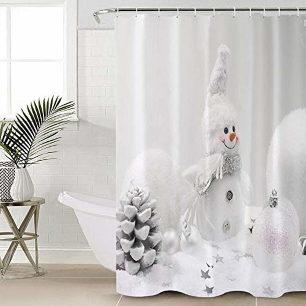 Prime Leader Snowman Christmas Shower Curtain, White Snowman and White Christmas Ball Decoration in The Snow, Fabric Bathroom De