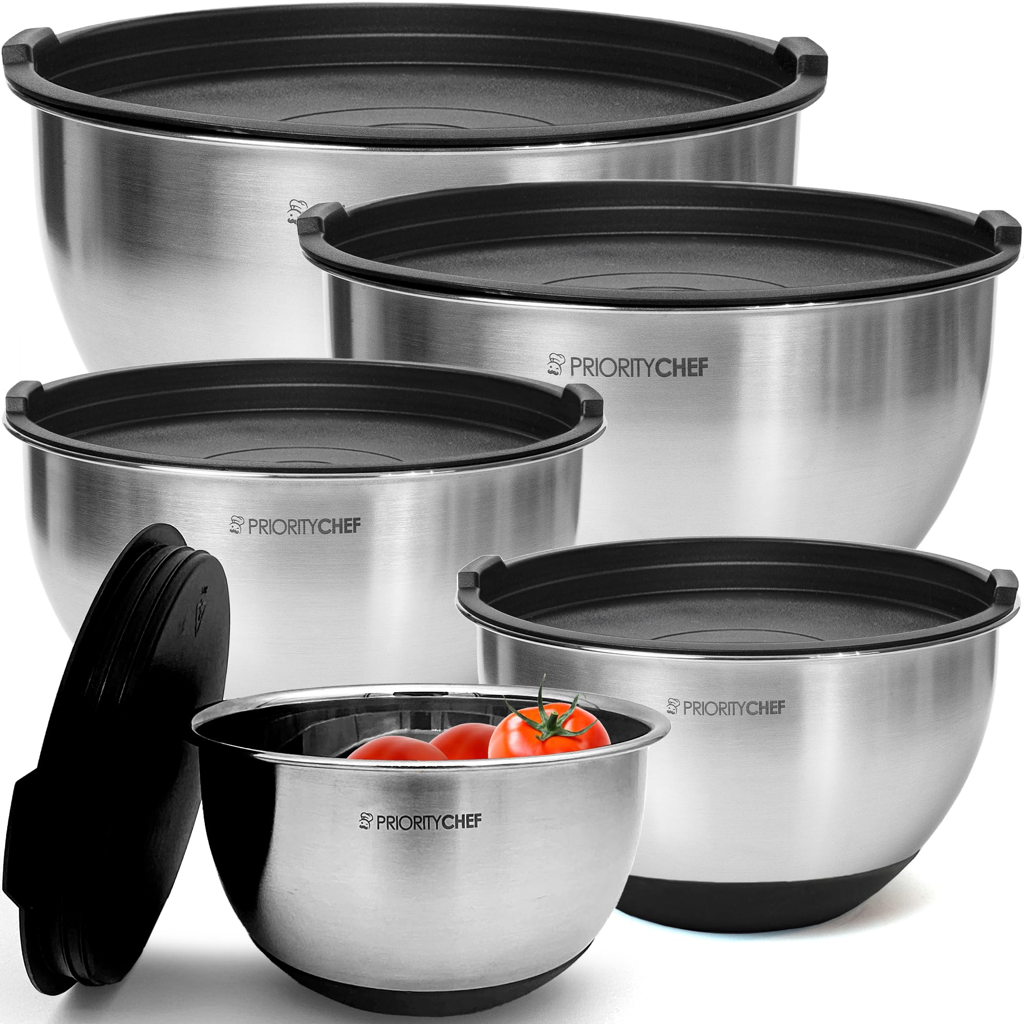Priority Chef Premium Mixing Bowls With Airtight Lids Set, Thicker Stainless Steel Mixing Bowl Set, Large Prep Metal Bowls with