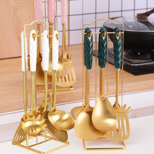 Marte Cooking Utensils Set with Holder,7 PC 304 Stainless Steel High-Grade Gold  Cooking Kitchen