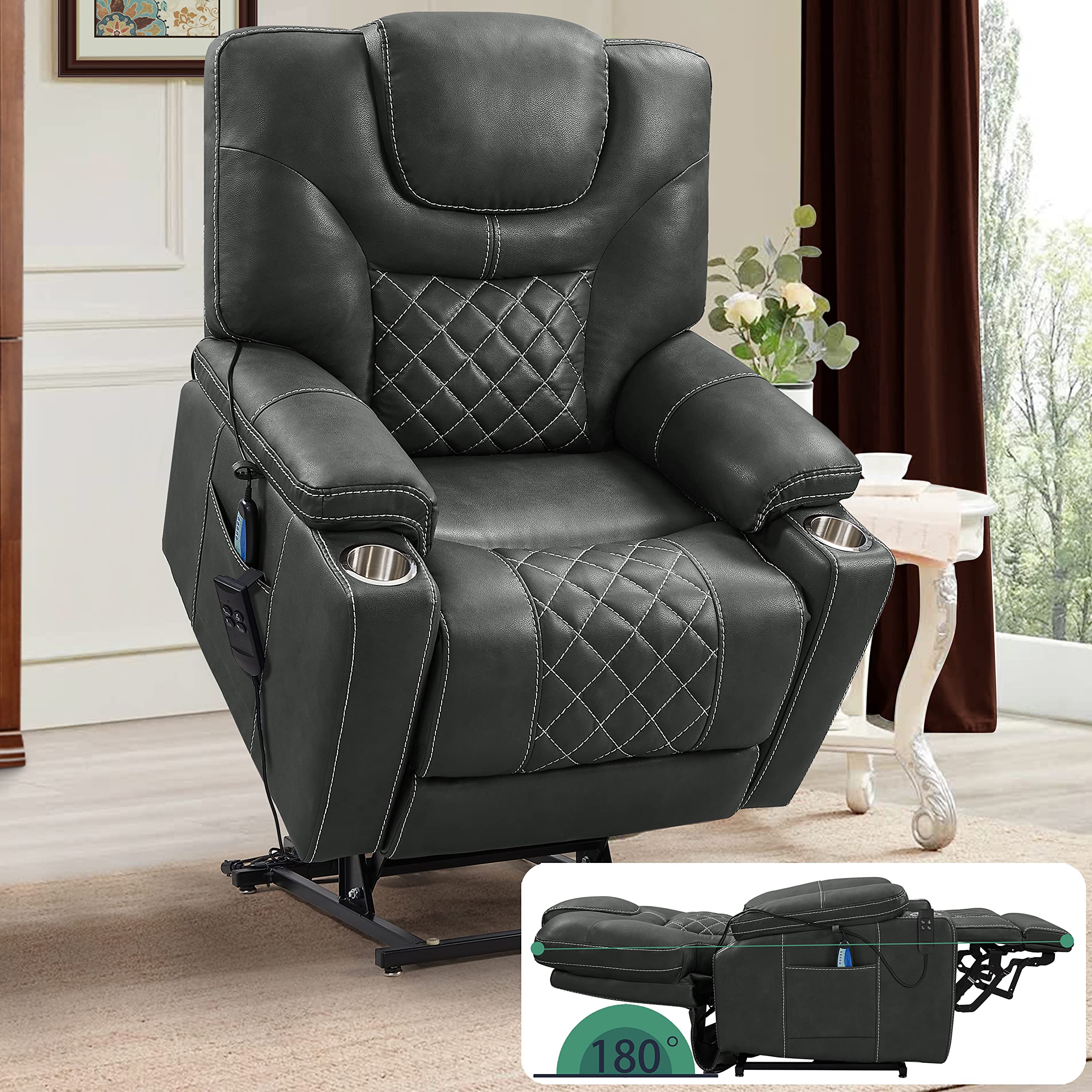 PUG258Y Power Lift Recliner for Seniors: 9988 High Density Foam Lift Chair With Heat and Massage, Reclining To 180, 2 Pockets Cu