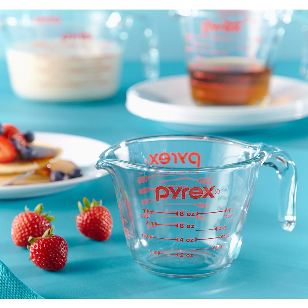 Pyrex 3 Piece Glass Measuring Cup Set, Includes 1-Cup, 2-Cup, and 4-Cup Tempered Glass Liquid Measuring Cups, Dishwasher, Freeze