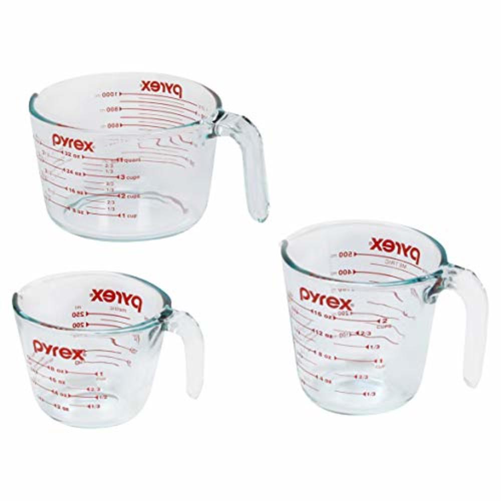 Pyrex 3 Piece Glass Measuring Cup Set, Includes 1-Cup, 2-Cup, and 4-Cup Tempered Glass Liquid Measuring Cups, Dishwasher, Freeze