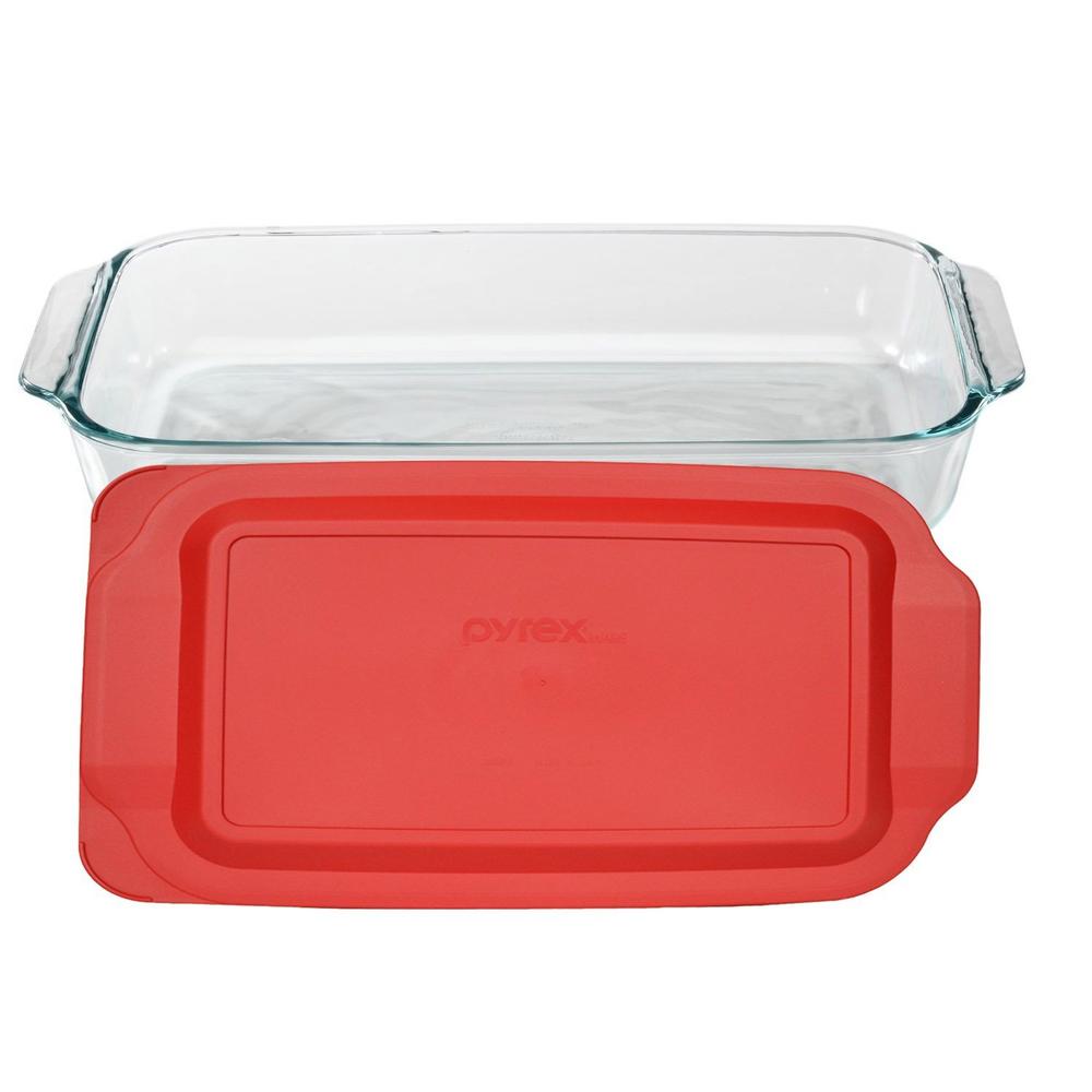 Pyrex Basics 3 Quart Glass Oblong Baking Dish with Red Plastic Lid -13.2 INCH x 8.9inch x 2 inch