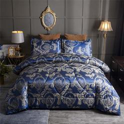 Raytrue-X Comforter Set Satin Silk Blanket All Season Bed Luxury Royal Blue Jacquard Quilt Bedding Sets Matching 2 Pillow Shams 