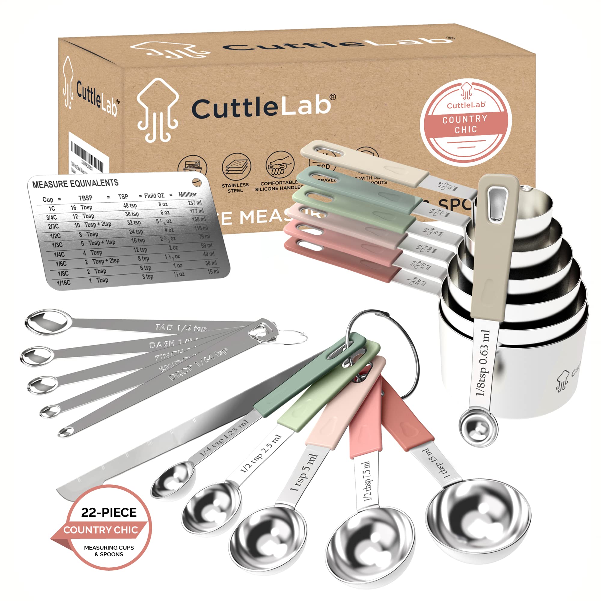 CuttleLab 22-Piece Stainless Steel Measuring Cups and Spoons Set, Tad Dash Pinch Smidgen Drop Mini Measuring Spoons, Measuring S