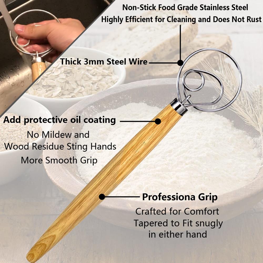 Plateau ELK Danish Dough Whisk, Dutch Style Bread Whisk For Dough Cooking Kitchen with Stainless Steel Danish Whisk Bread Mixer 13" and Doug