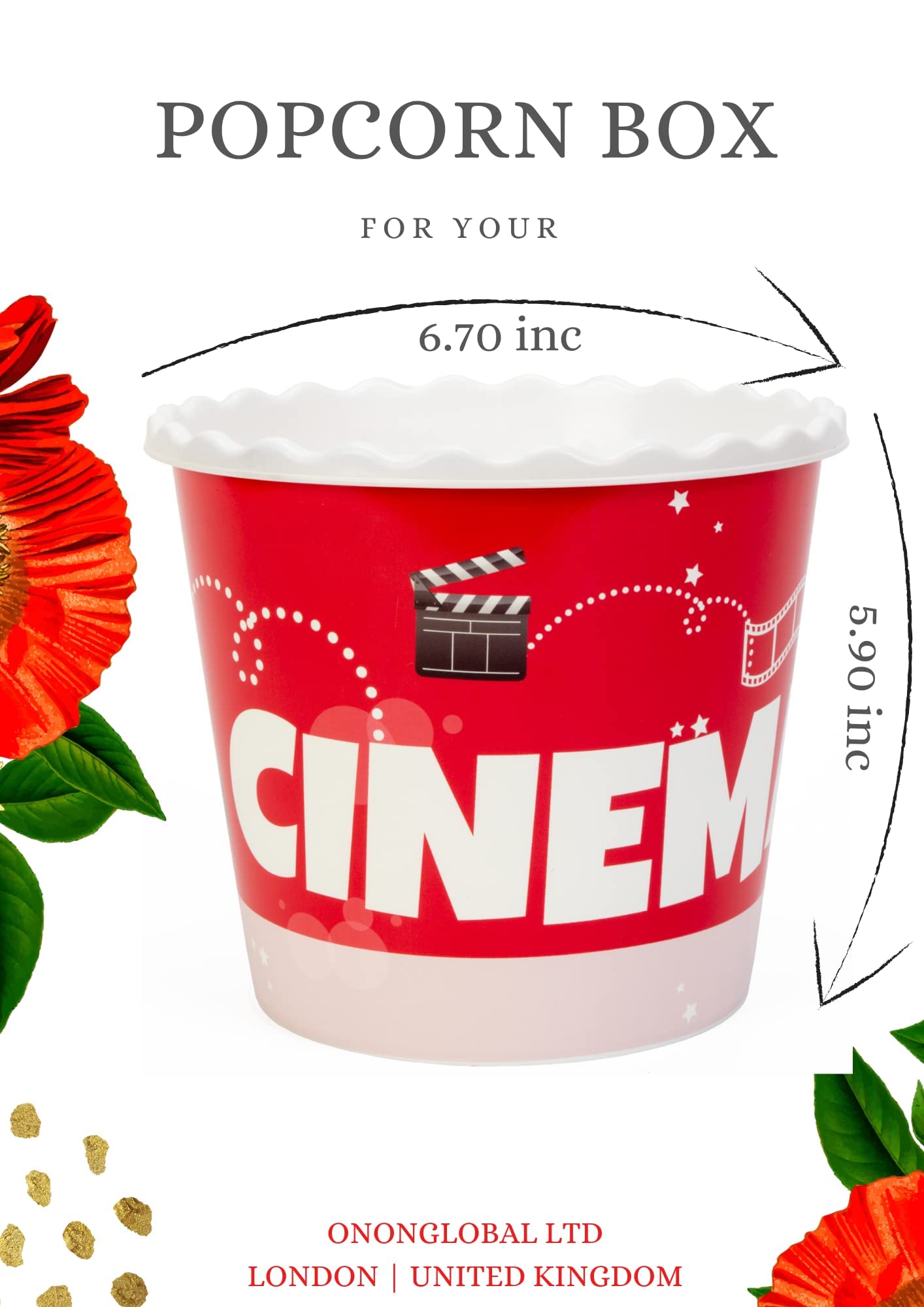 ONONGLOBAL LTD Retro Style Reusable Plastic Popcorn Containers/Popcorn Bowls Set for Movie Theater Night - Washable in The Dishwasher - (BPA Fr
